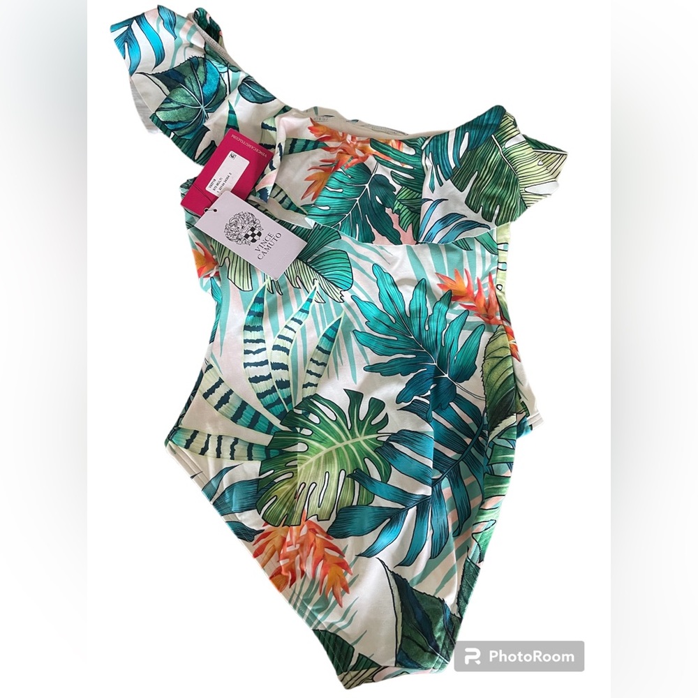 VINCE CAMUTO PALM-PRINT ONE-SHOULDER SWIMSUIT